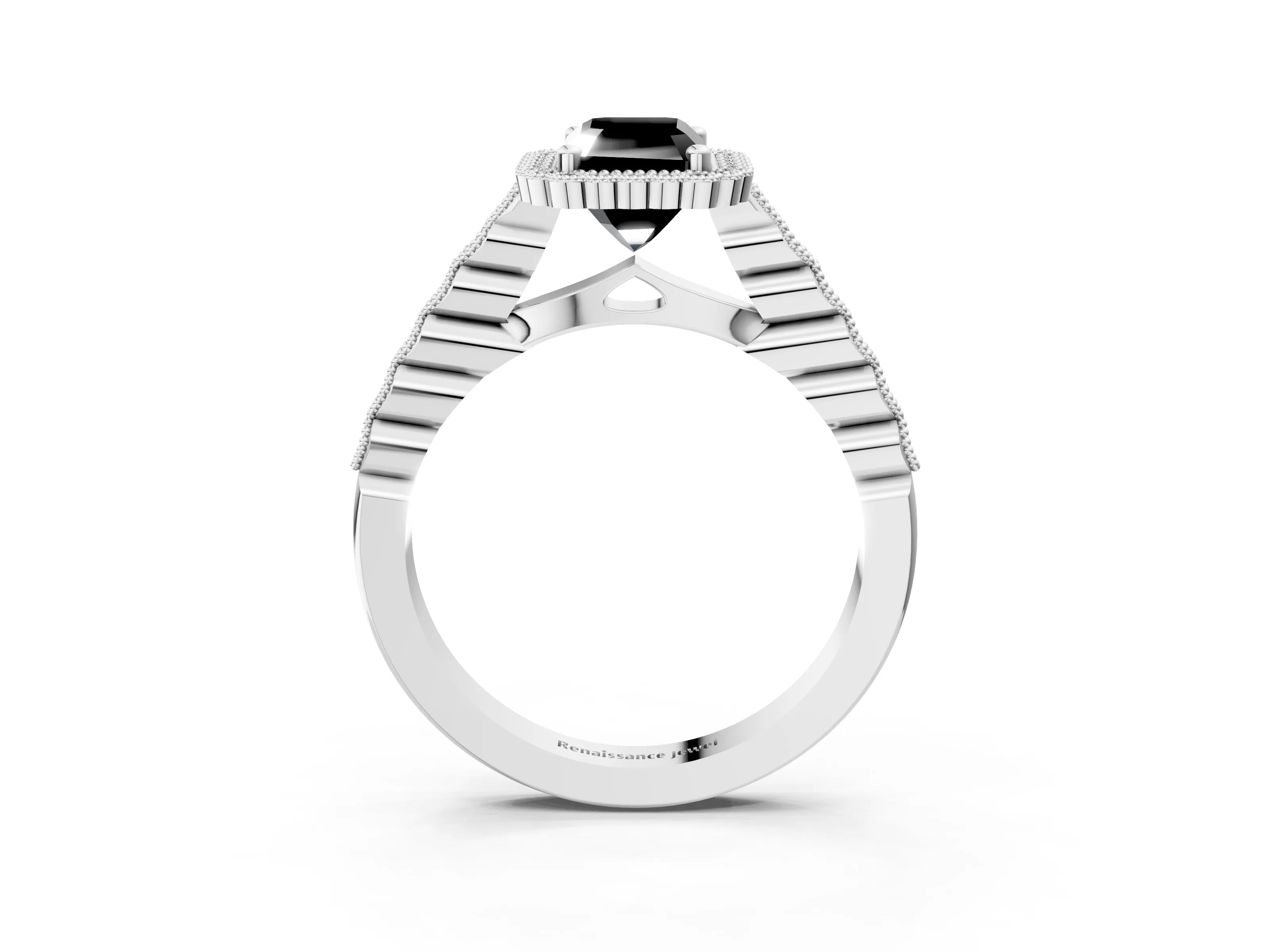 White gold Fancy Black Radiant Cut Cut Halo Pavé Solitaire Ring with Milgrain Band_15