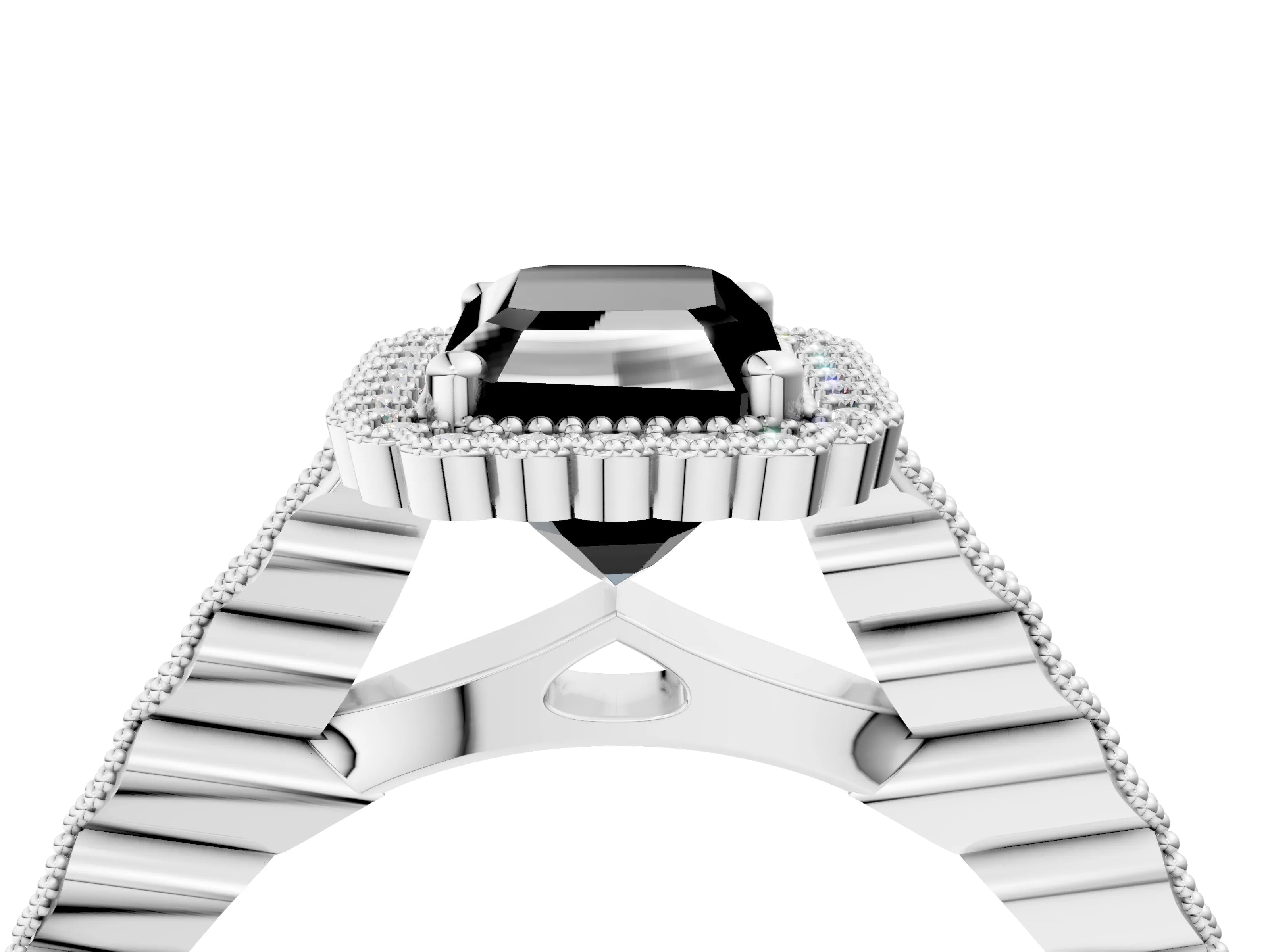 White gold Fancy Black Radiant Cut Cut Halo Pavé Solitaire Ring with Milgrain Band_16