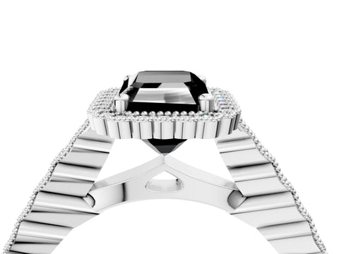 White gold Fancy Black Radiant Cut Cut Halo Pavé Solitaire Ring with Milgrain Band_16