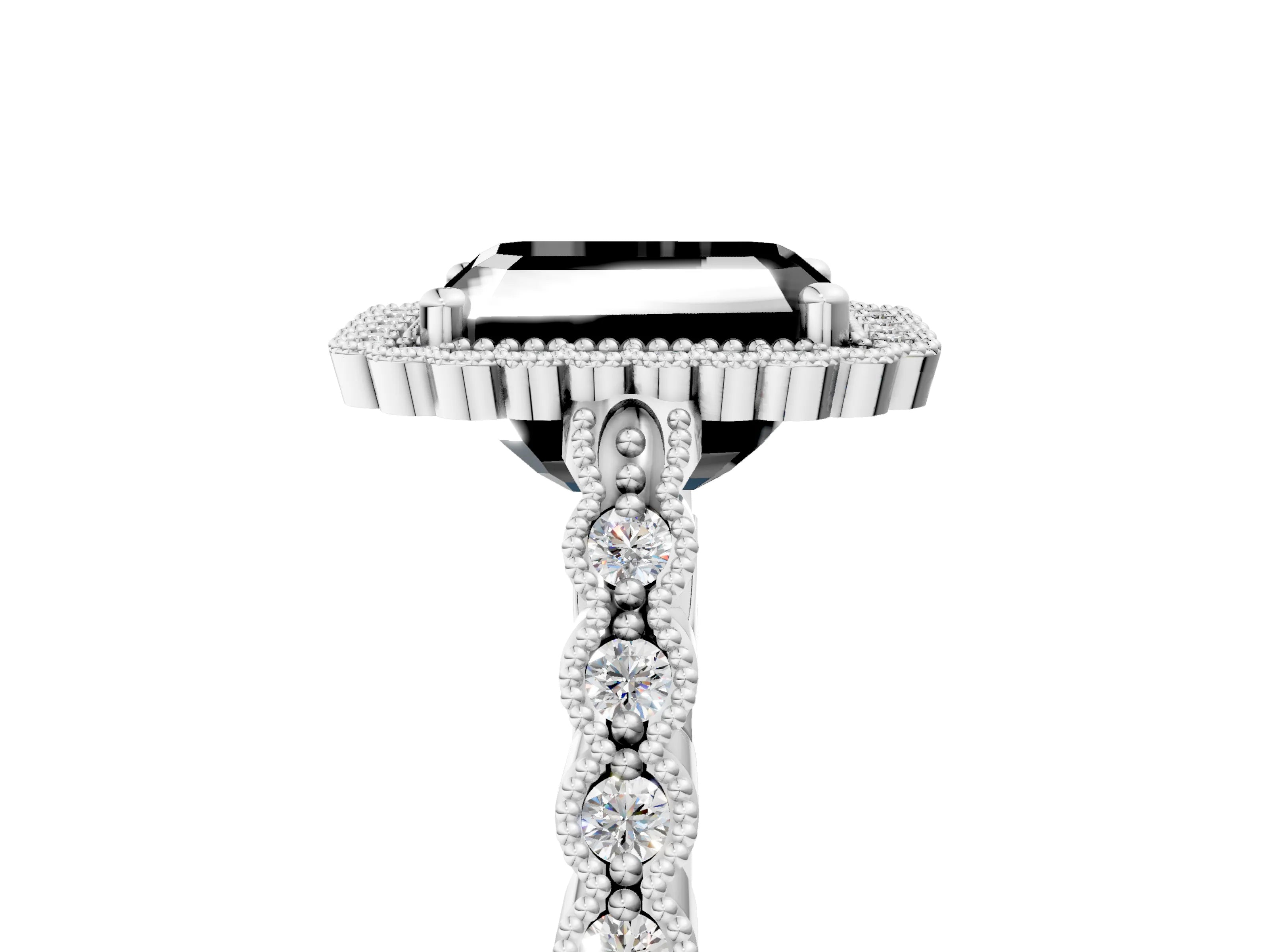 White gold Fancy Black Radiant Cut Cut Halo Pavé Solitaire Ring with Milgrain Band_17
