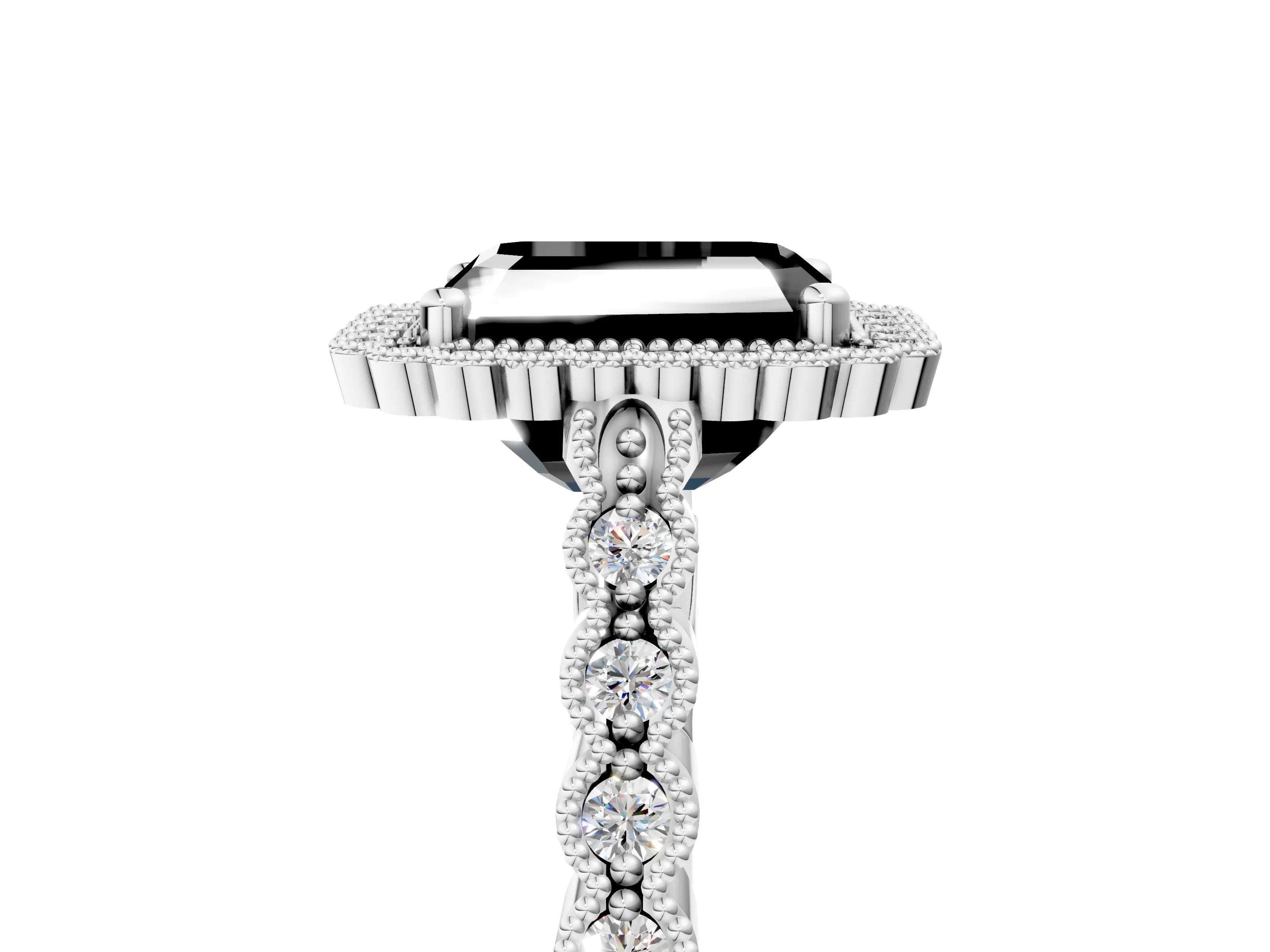 White gold Fancy Black Radiant Cut Cut Halo Pavé Solitaire Ring with Milgrain Band_5