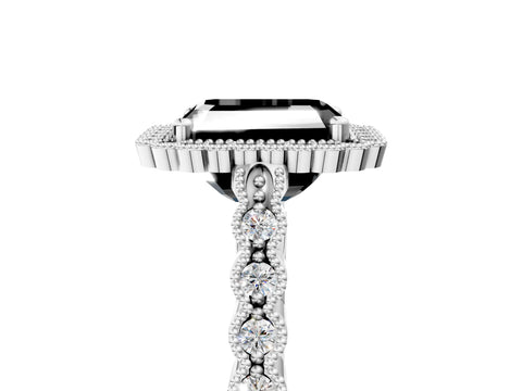 White gold Fancy Black Radiant Cut Cut Halo Pavé Solitaire Ring with Milgrain Band_5