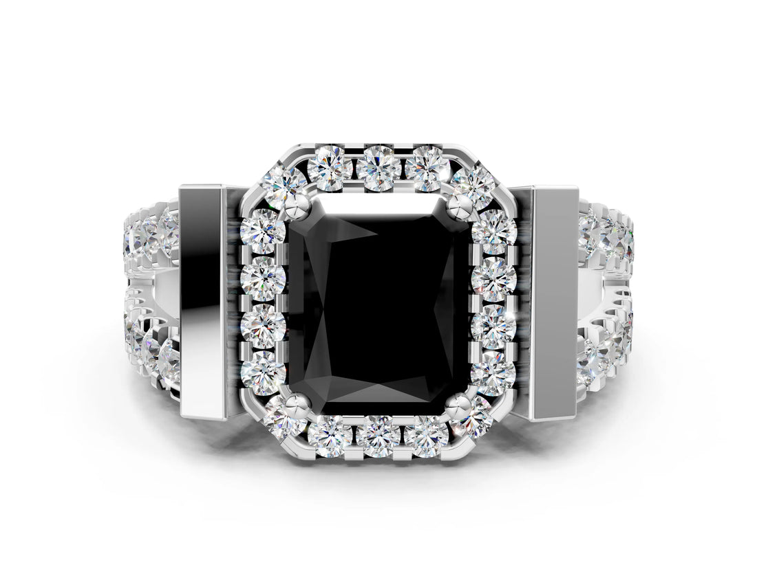 White gold Fancy Black Radiant Cut Cut Halo Split Shank Prong Set Ring
