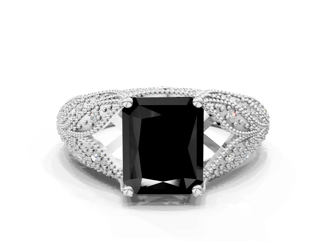 White gold Fancy Black Radiant Cut Cut Milgrain Pave Diamond Engagement Ring with Four-Prong Setting_27