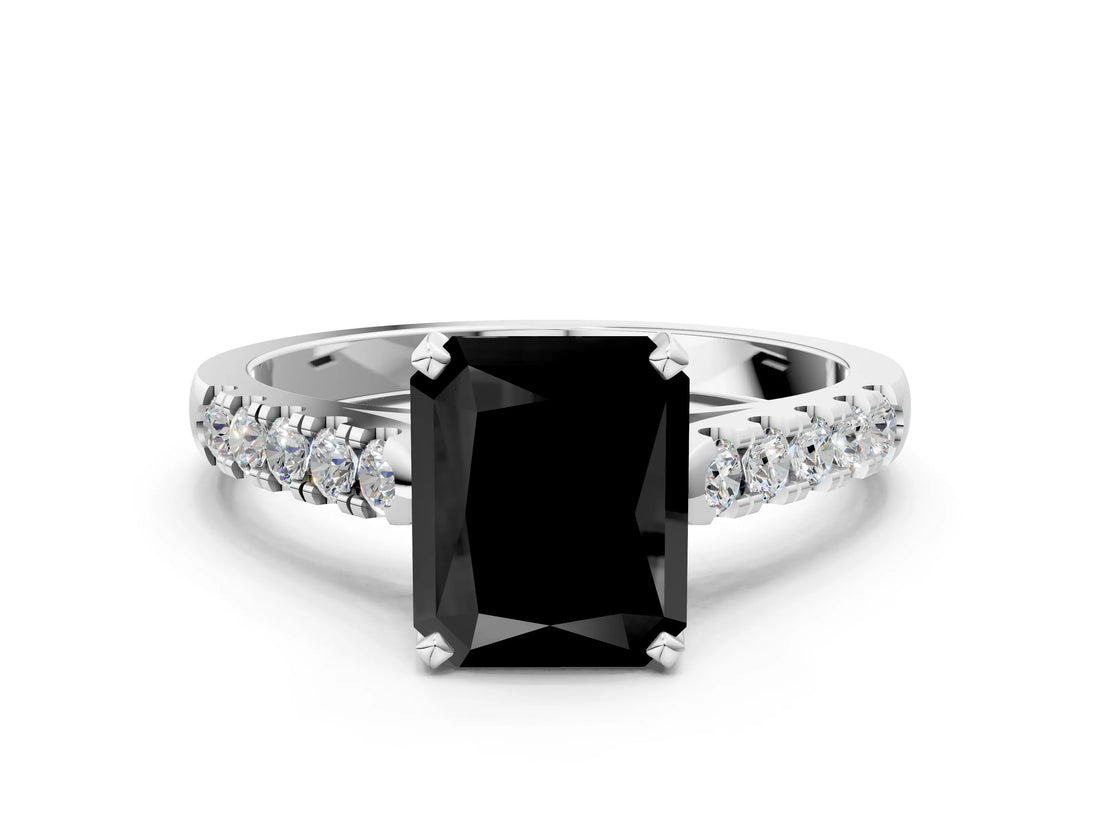 White gold Fancy Black Radiant Cut Cut Pavé Band Solitaire Ring with Four-Prong Setting
