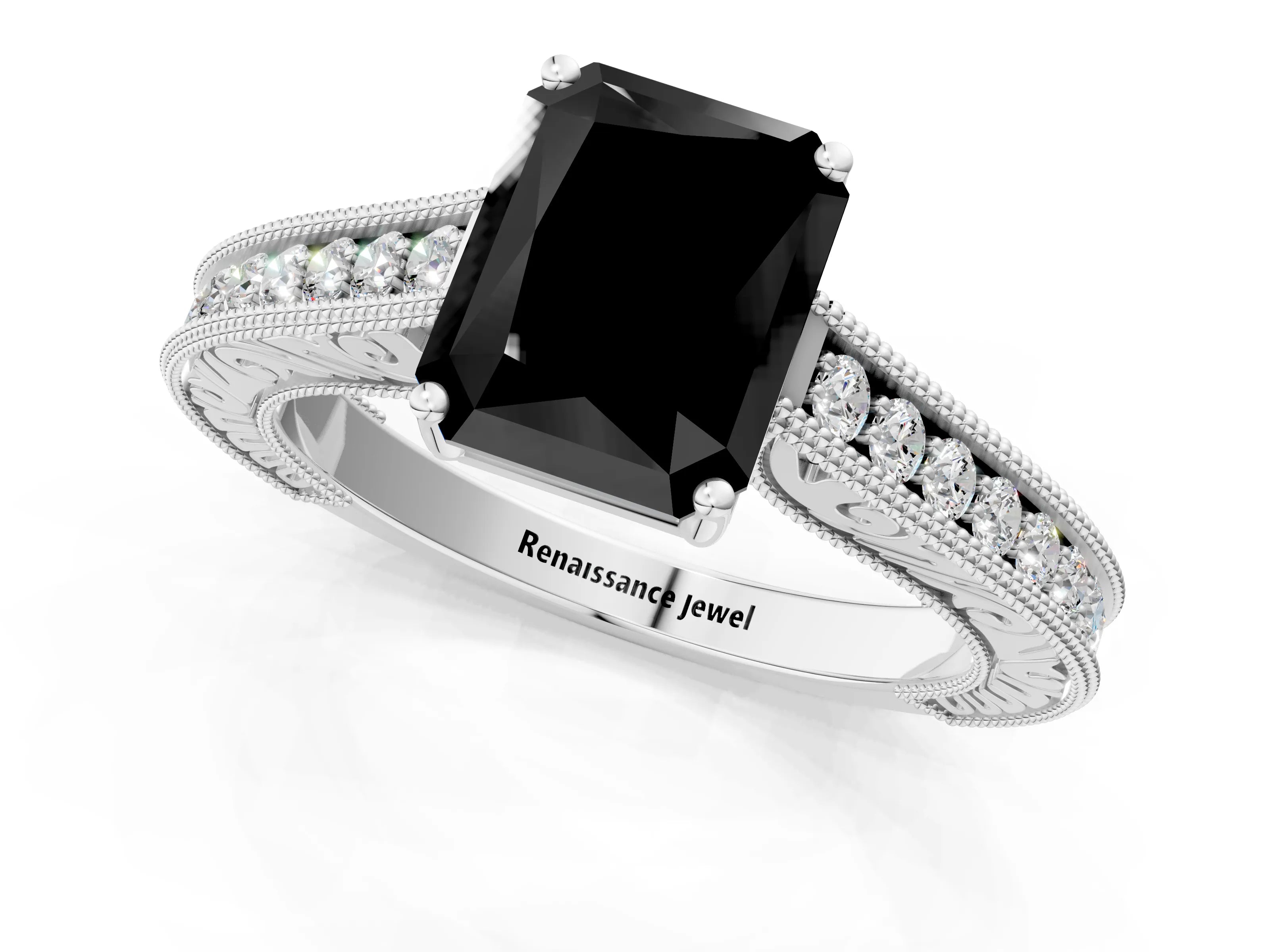 White gold Fancy Black Radiant Cut Cut Pave Band Milgrain Solitaire Ring_1