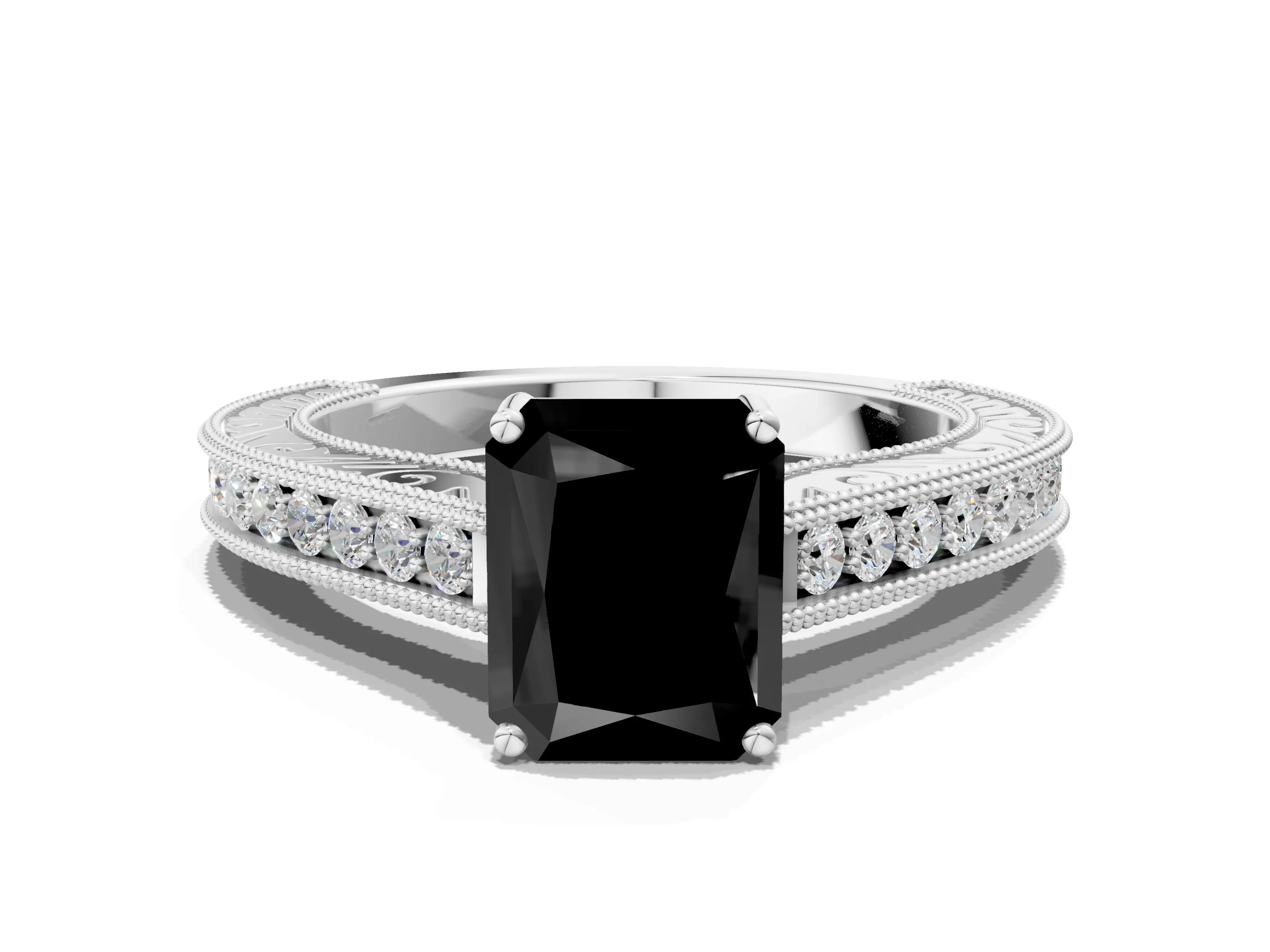 White gold Fancy Black Radiant Cut Cut Pave Band Milgrain Solitaire Ring_19