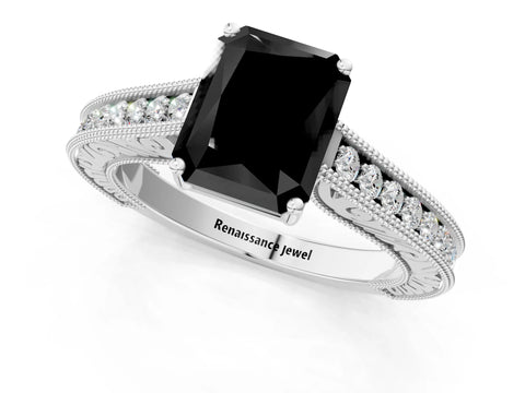 White gold Fancy Black Radiant Cut Cut Pave Band Milgrain Solitaire Ring_19