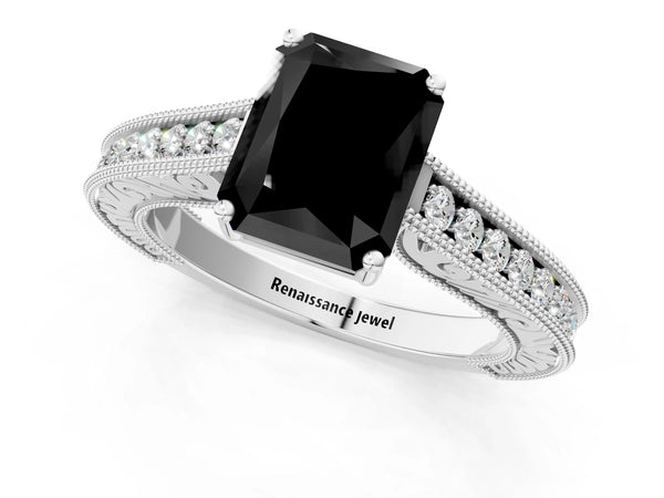 Platinum Radiant Cut Vintage Pave Engagement Ring Setting for Black Center