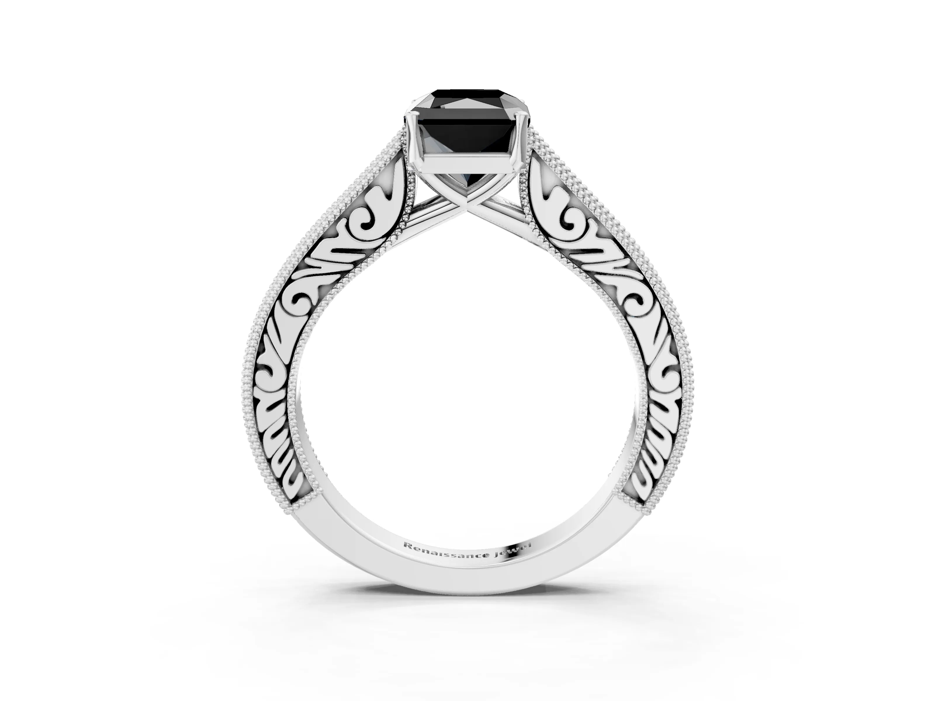 White gold Fancy Black Radiant Cut Cut Pave Band Milgrain Solitaire Ring_21