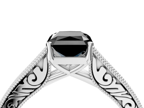 White gold Fancy Black Radiant Cut Cut Pave Band Milgrain Solitaire Ring_22