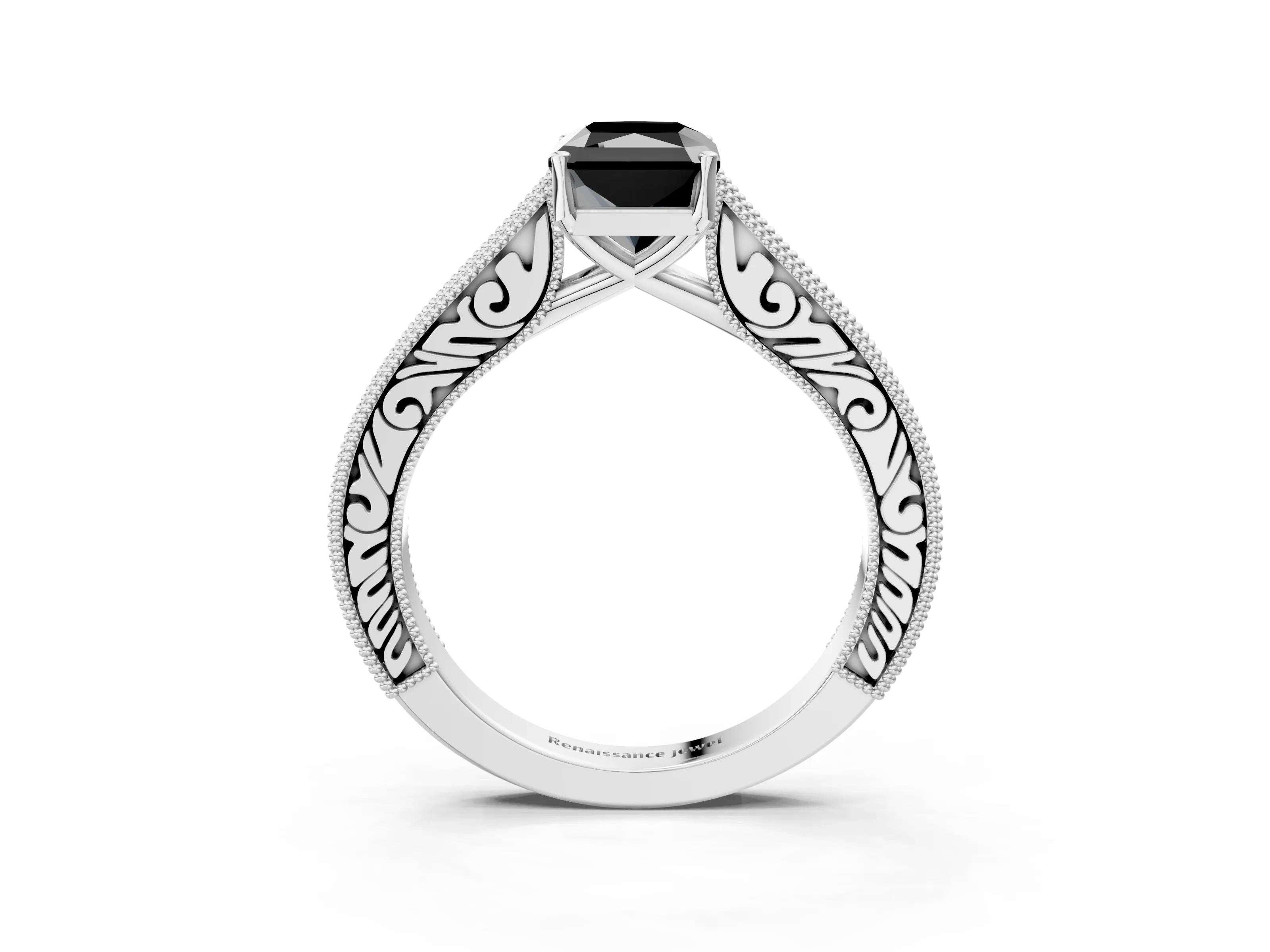 White gold Fancy Black Radiant Cut Cut Pave Band Milgrain Solitaire Ring_3
