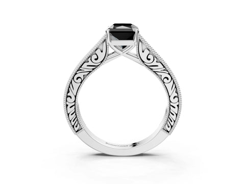 White gold Fancy Black Radiant Cut Cut Pave Band Milgrain Solitaire Ring_3