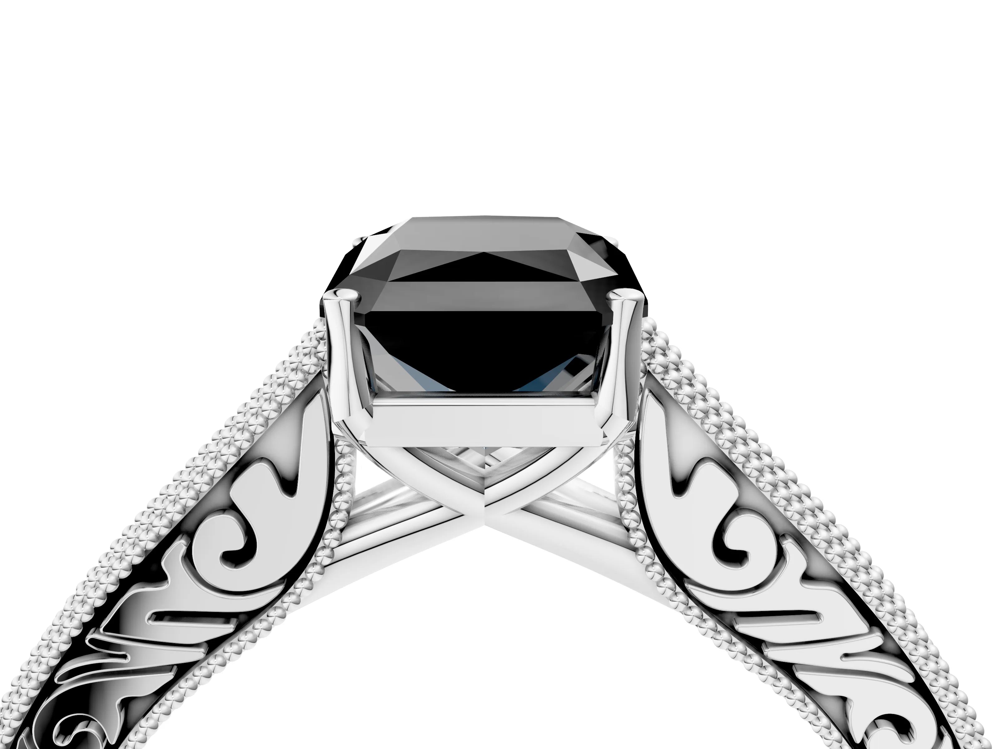 White gold Fancy Black Radiant Cut Cut Pave Band Milgrain Solitaire Ring_4
