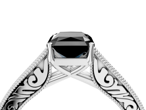 White gold Fancy Black Radiant Cut Cut Pave Band Milgrain Solitaire Ring_4