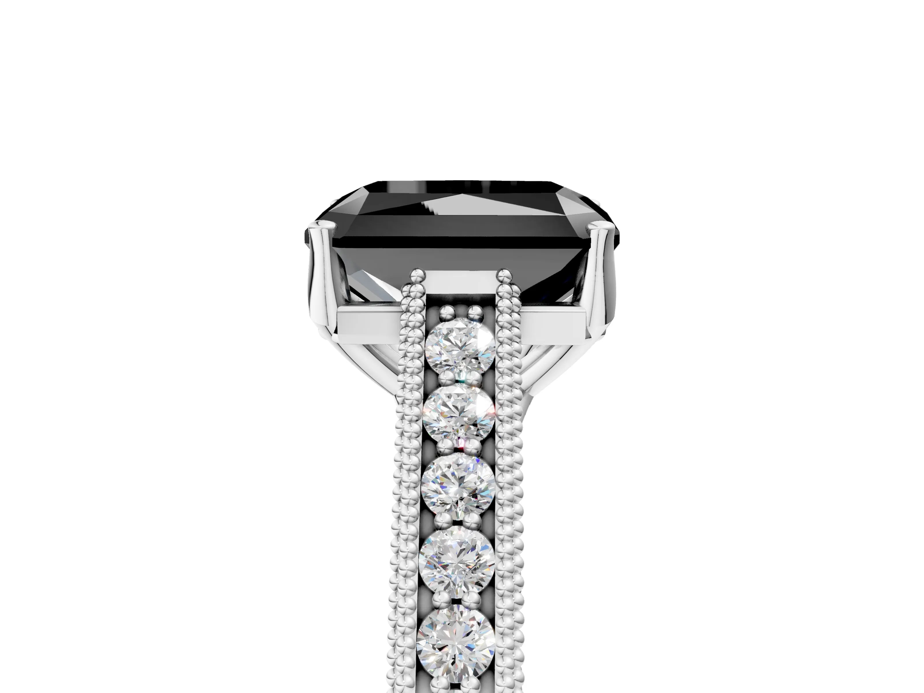 White gold Fancy Black Radiant Cut Cut Pave Band Milgrain Solitaire Ring_5