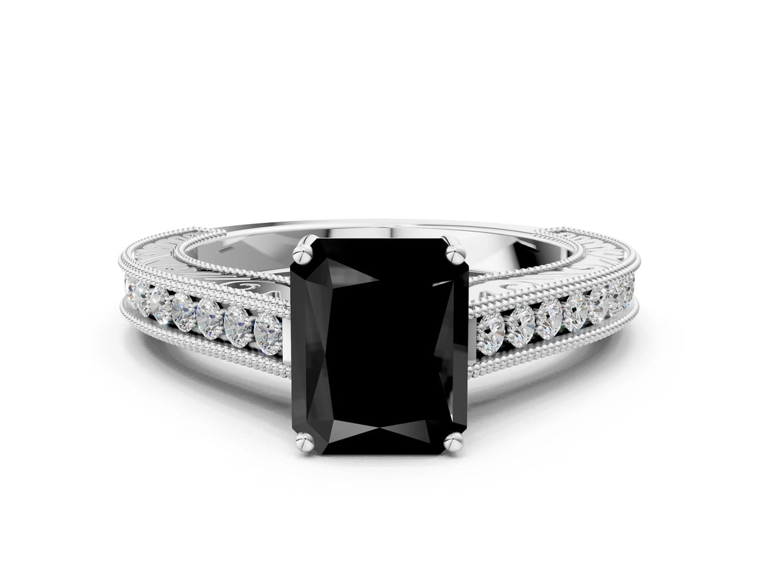 White gold Fancy Black Radiant Cut Cut Pave Band Milgrain Solitaire Ring_6