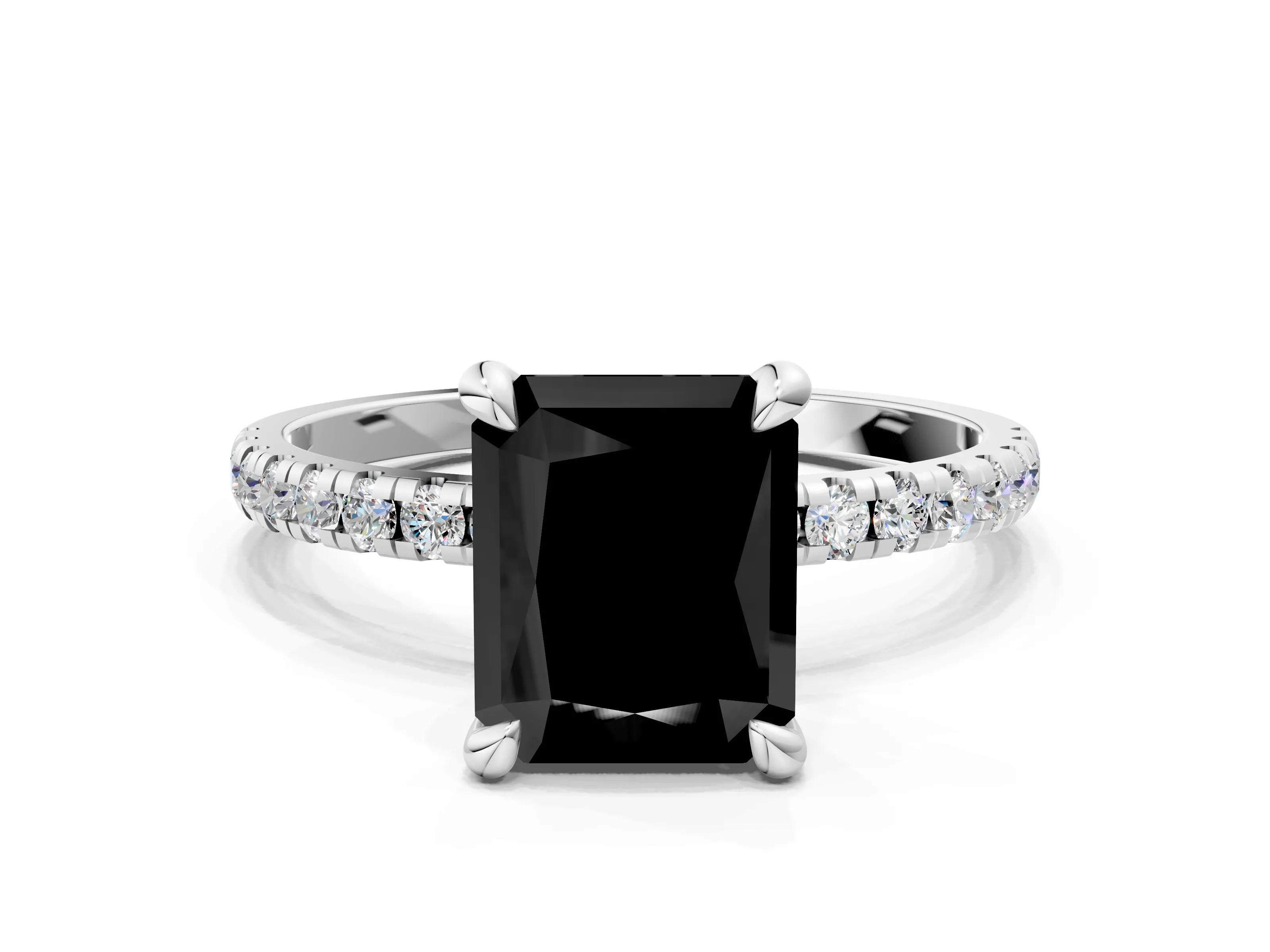 White gold Fancy Black Radiant Cut Diamond Brilliant Solitaire Ring with Pavé Band and Four-Prong Setting