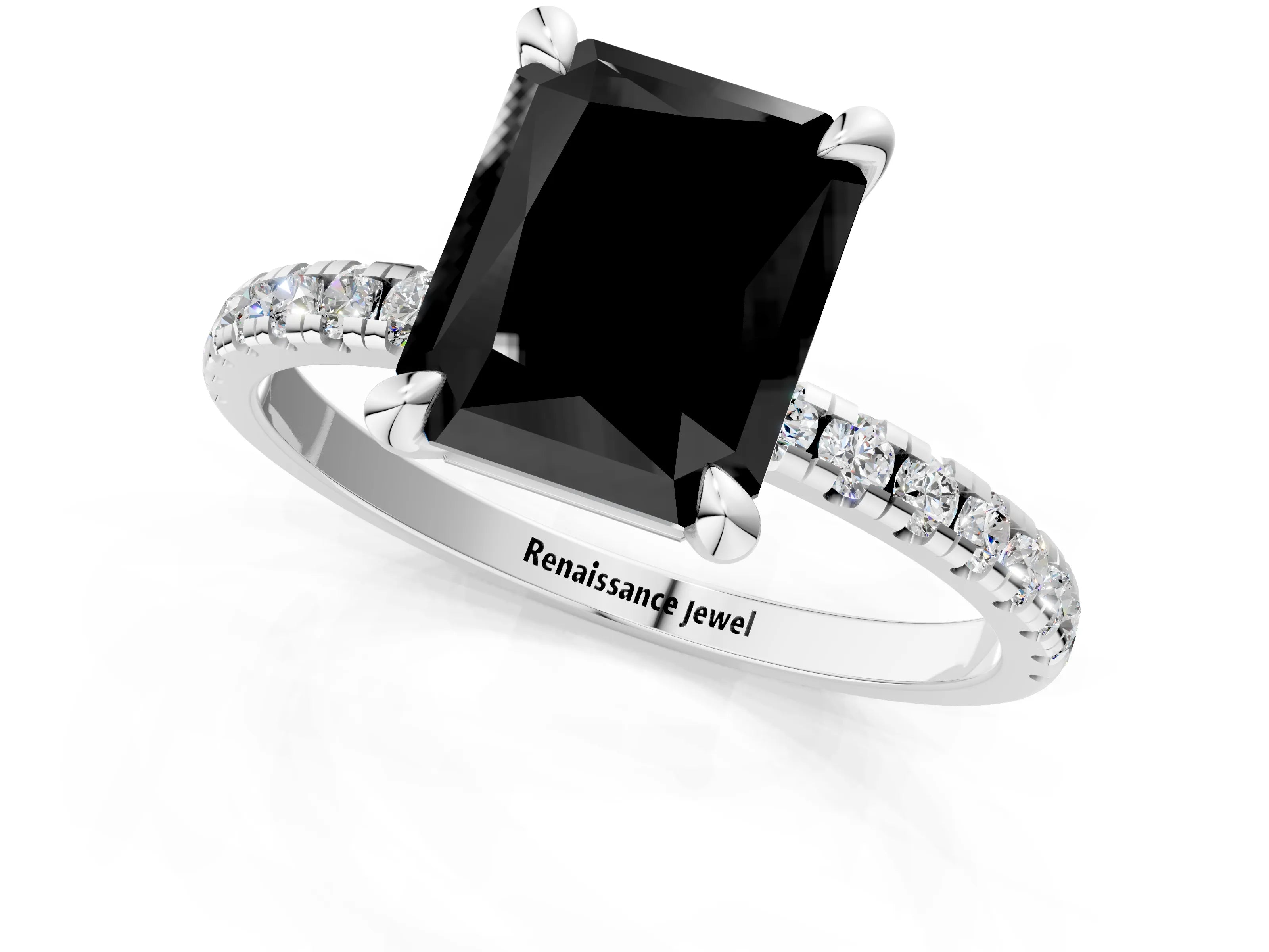 White gold Fancy Black Radiant Cut Diamond Brilliant Solitaire Ring with Pavé Band and Four-Prong Setting_1