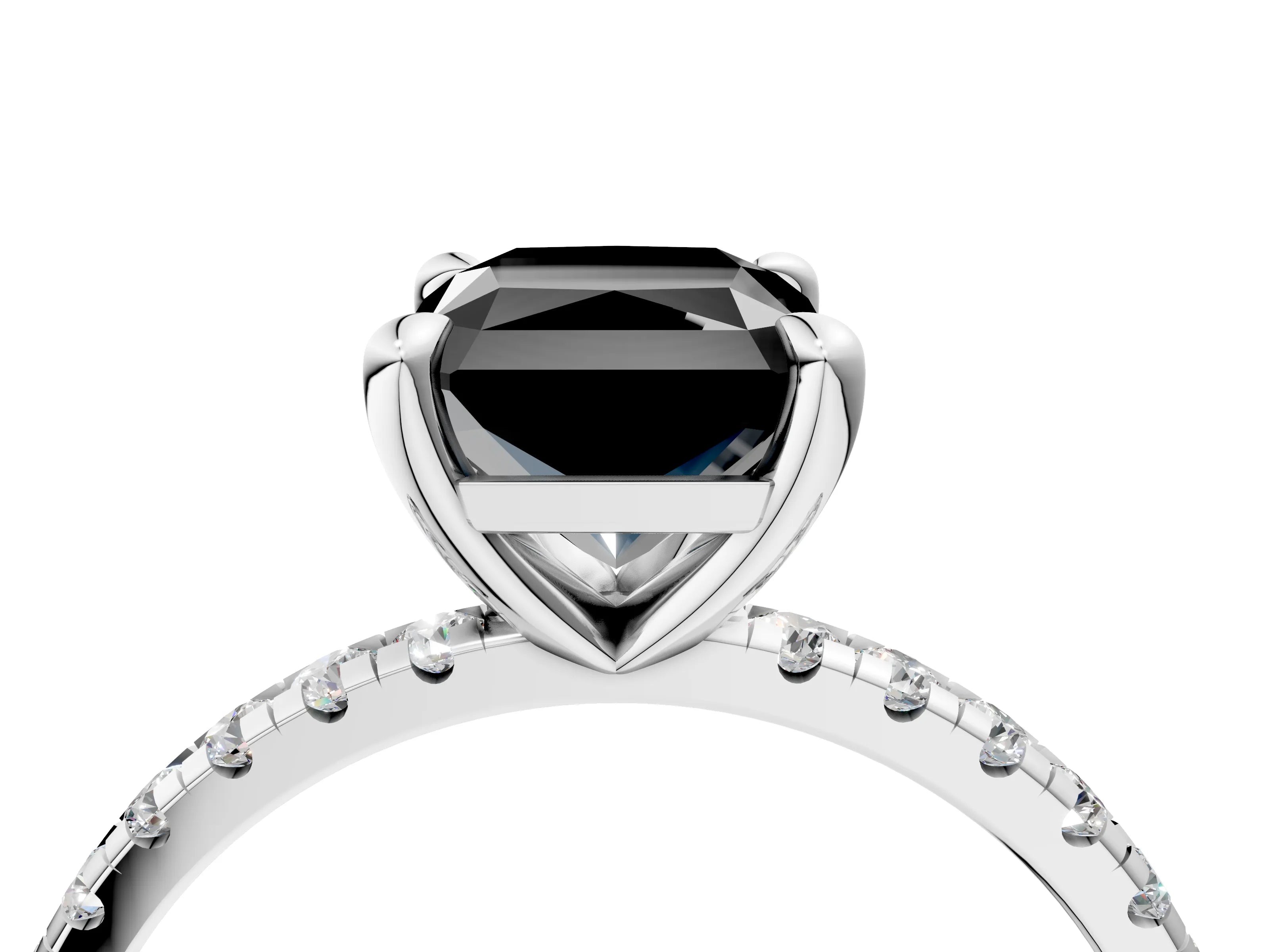 White gold Fancy Black Radiant Cut Diamond Brilliant Solitaire Ring with Pavé Band and Four-Prong Setting_4