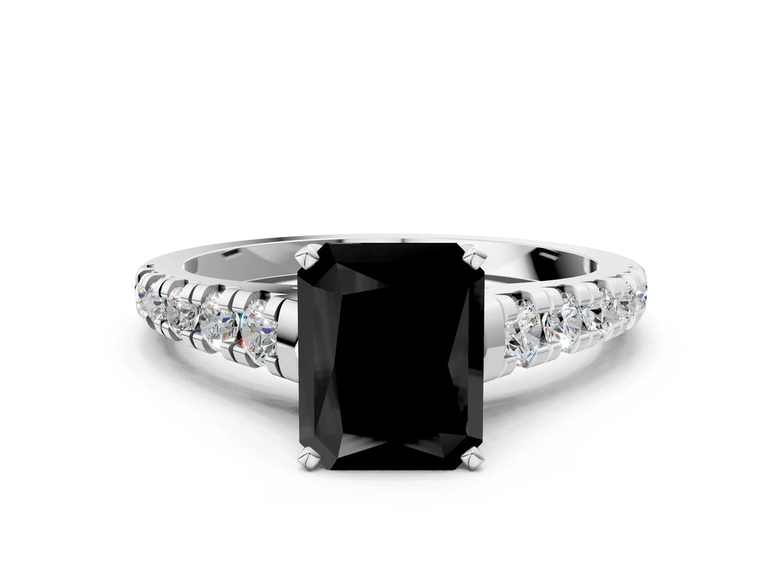 White gold Fancy Black Radiant Cut Diamond Cathedral Solitaire Ring with Round  Pavé Band_48