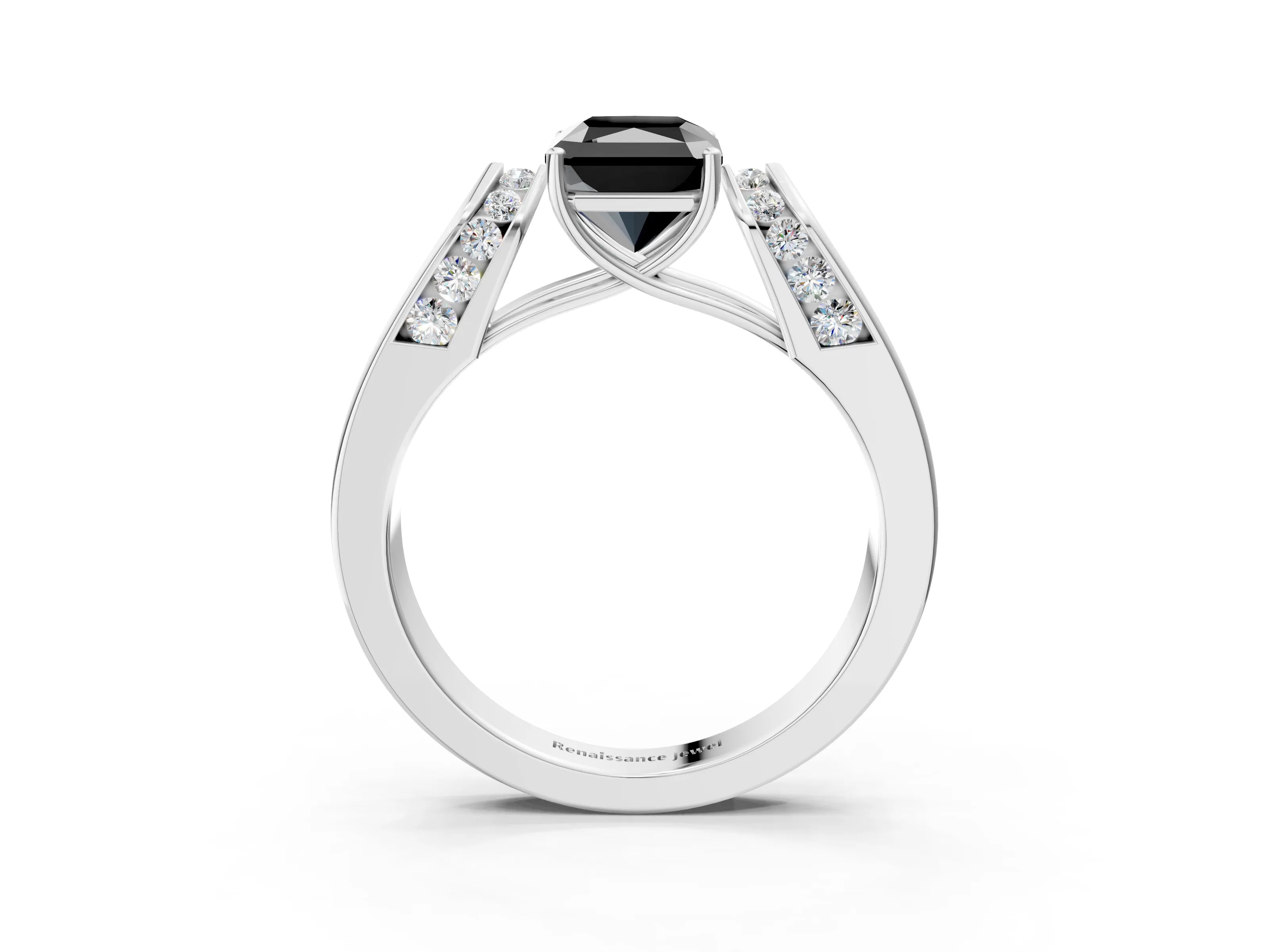 White gold Fancy Black Radiant Cut Diamond Channel Set Solitaire Ring with Four-Prong Setting_15