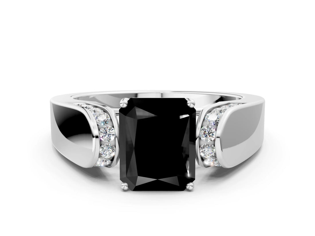 White gold Fancy Black Radiant Cut Diamond Channel Set Solitaire Ring with Four-Prong Setting_1