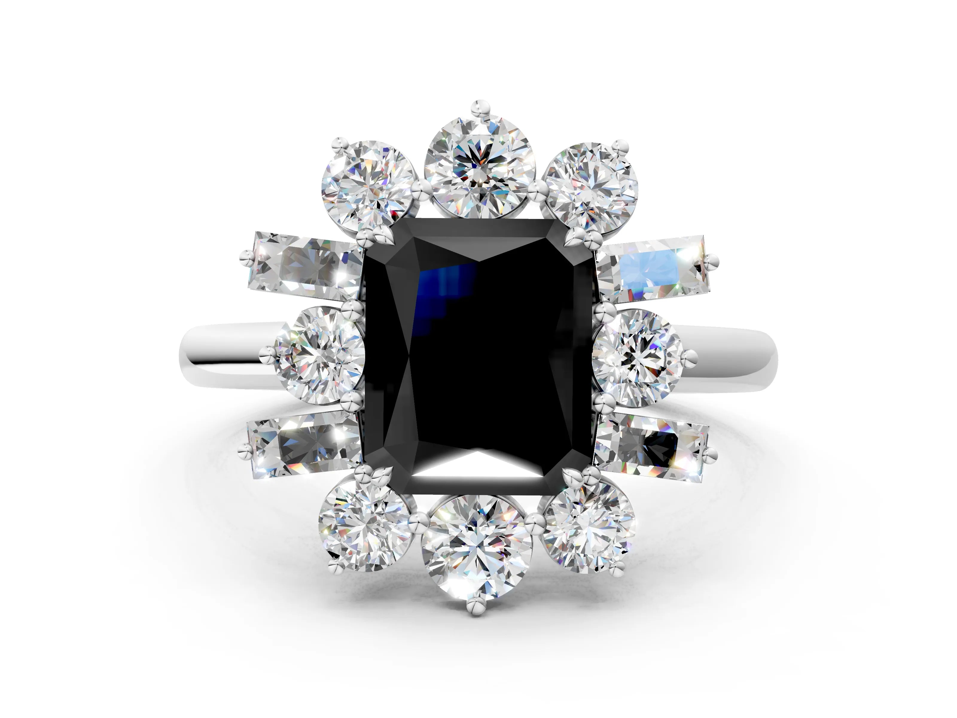 White gold Fancy Black Radiant Cut Diamond Cluster Ring with Round and Baguette Stones, Split Shank Band, Prong Setting_12
