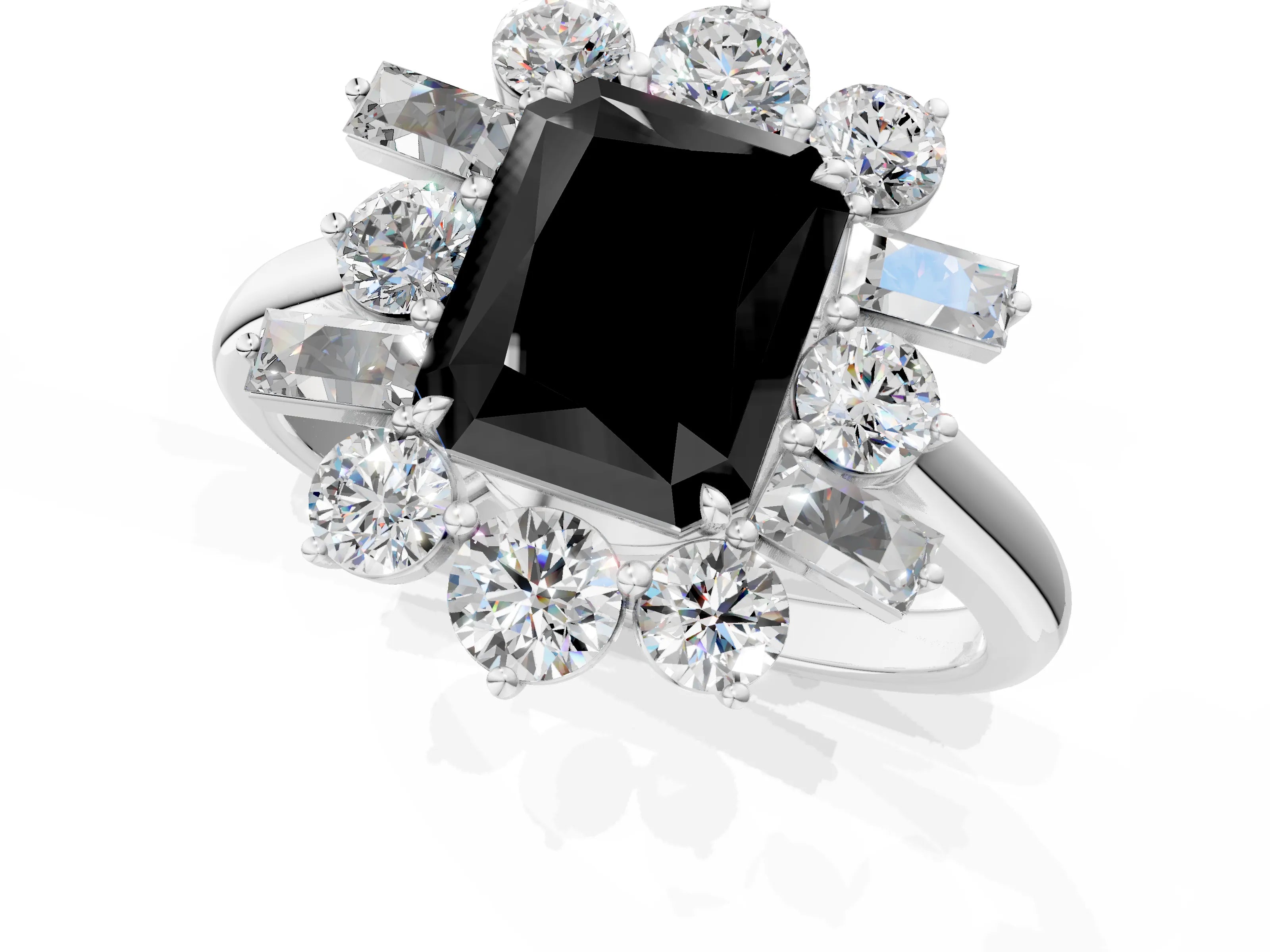 White gold Fancy Black Radiant Cut Diamond Cluster Ring with Round and Baguette Stones, Split Shank Band, Prong Setting_13