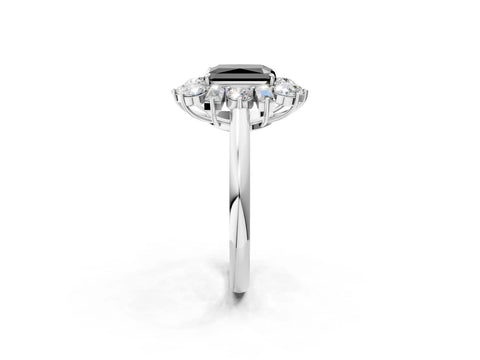 White gold Fancy Black Radiant Cut Diamond Cluster Ring with Round and Baguette Stones, Split Shank Band, Prong Setting_14