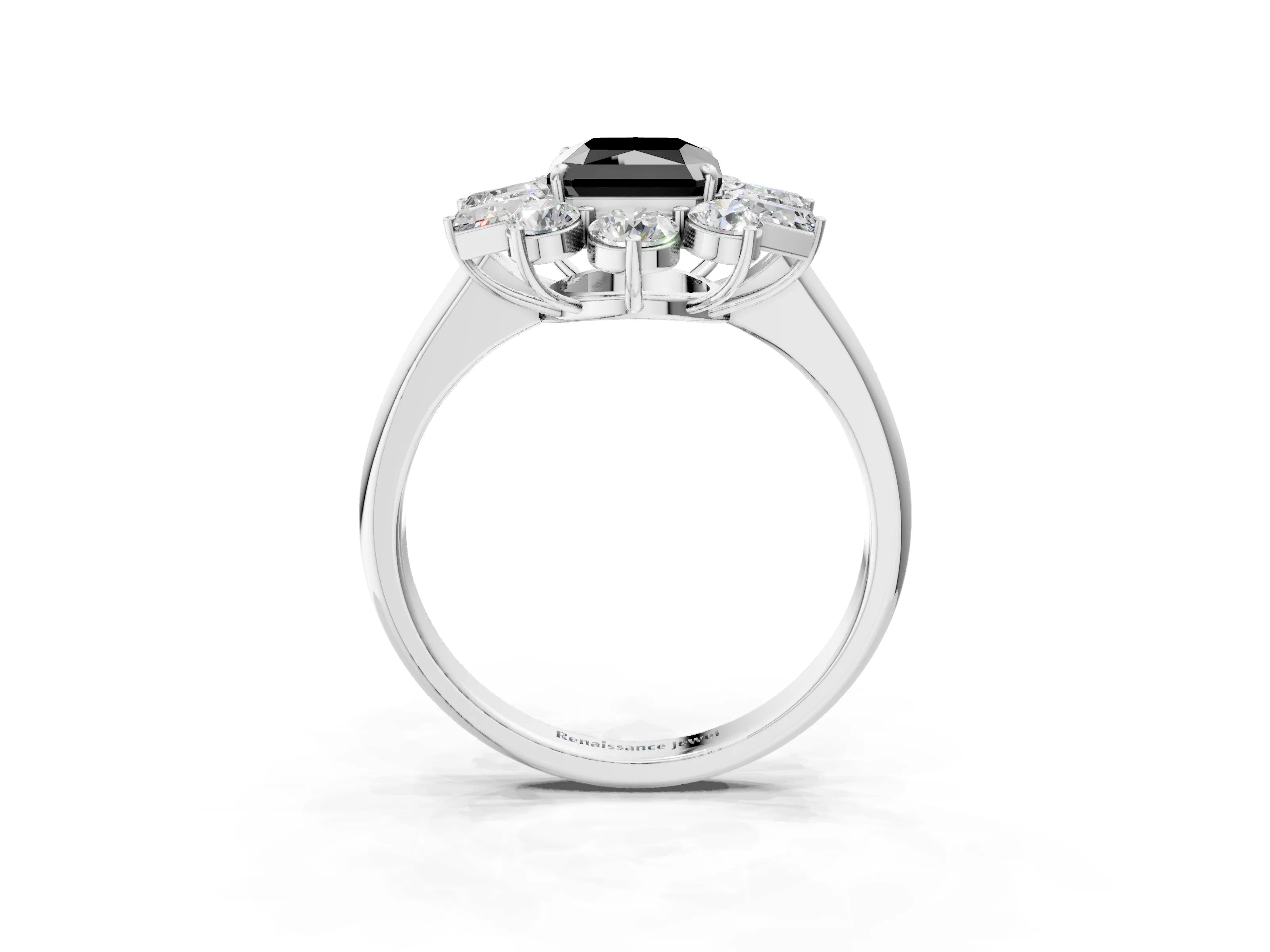 White gold Fancy Black Radiant Cut Diamond Cluster Ring with Round and Baguette Stones, Split Shank Band, Prong Setting_15