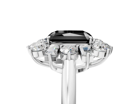 White gold Fancy Black Radiant Cut Diamond Cluster Ring with Round and Baguette Stones, Split Shank Band, Prong Setting_17