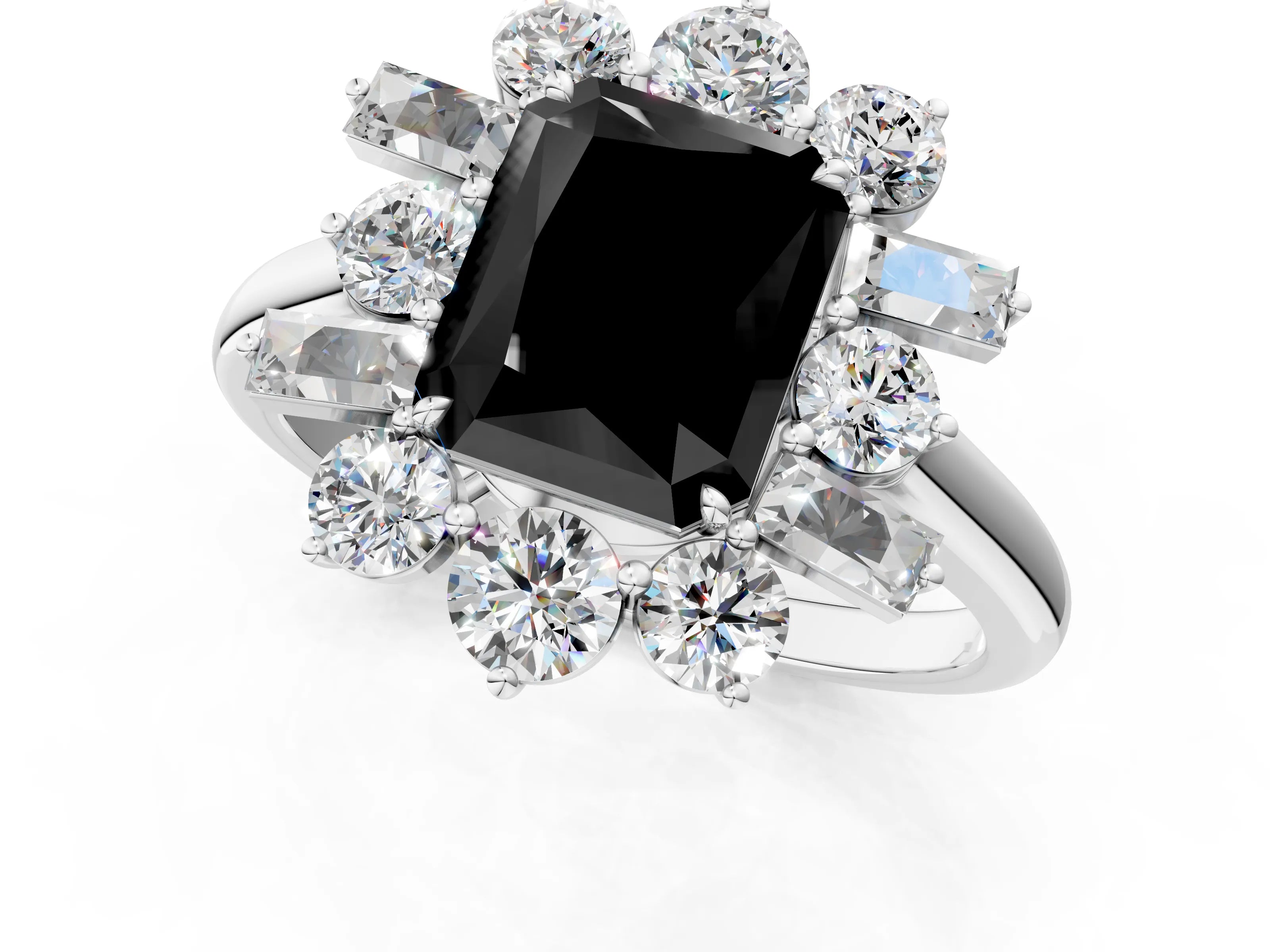White gold Fancy Black Radiant Cut Diamond Cluster Ring with Round and Baguette Stones, Split Shank Band, Prong Setting_1