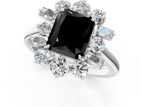 White gold Fancy Black Radiant Cut Diamond Cluster Ring with Round and Baguette Stones, Split Shank Band, Prong Setting_1