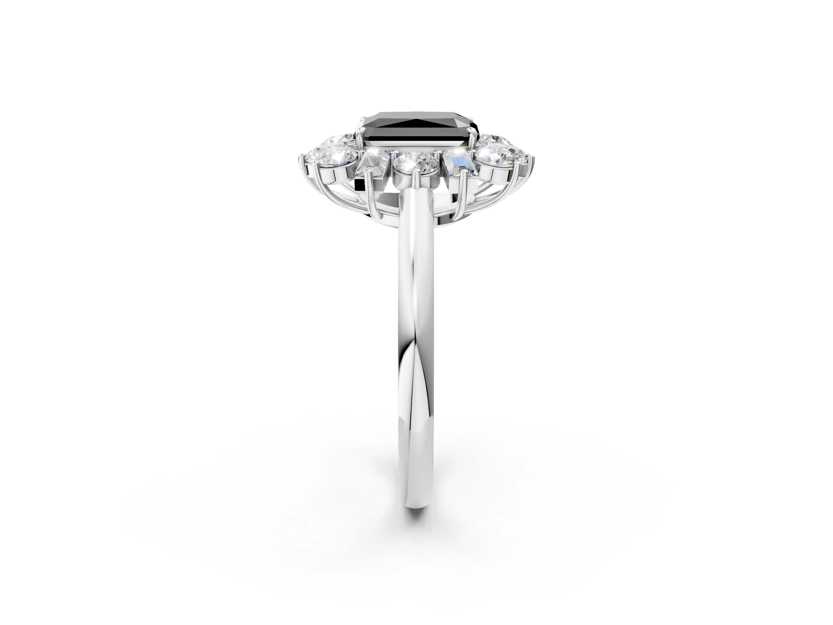 White gold Fancy Black Radiant Cut Diamond Cluster Ring with Round and Baguette Stones, Split Shank Band, Prong Setting_2
