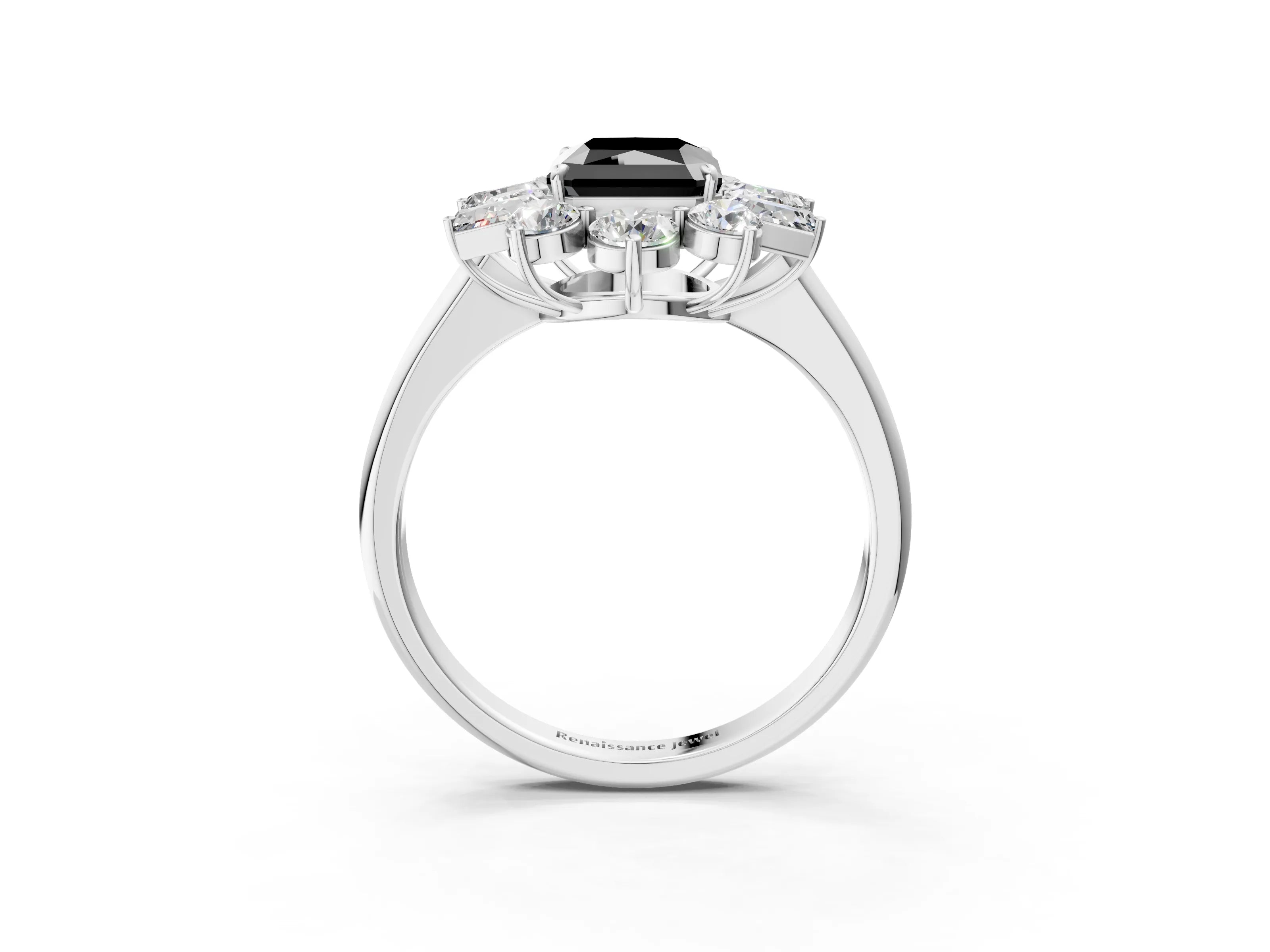White gold Fancy Black Radiant Cut Diamond Cluster Ring with Round and Baguette Stones, Split Shank Band, Prong Setting_3