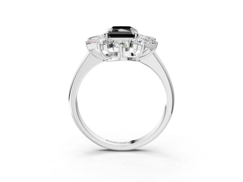White gold Fancy Black Radiant Cut Diamond Cluster Ring with Round and Baguette Stones, Split Shank Band, Prong Setting_3