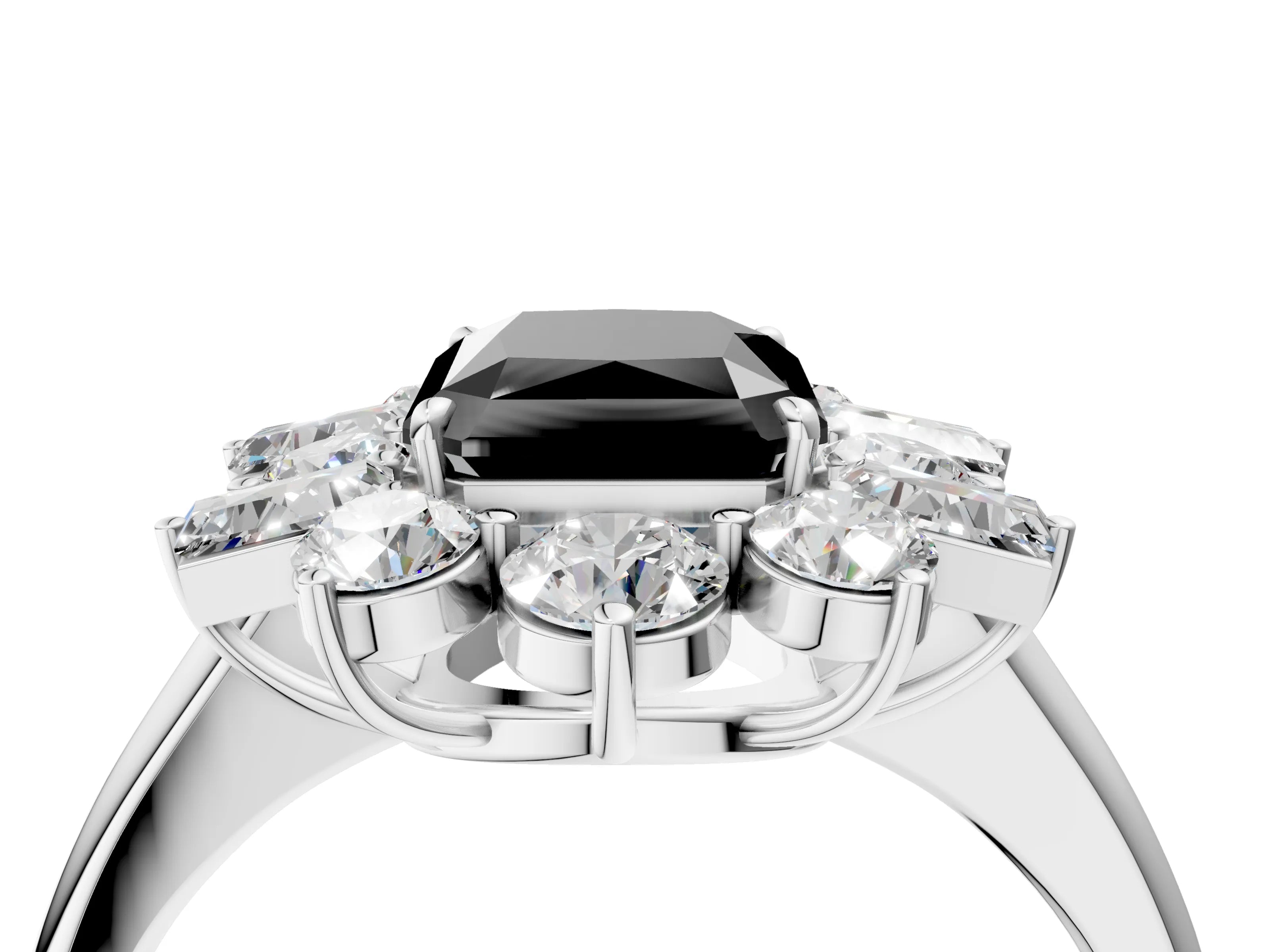 White gold Fancy Black Radiant Cut Diamond Cluster Ring with Round and Baguette Stones, Split Shank Band, Prong Setting_4