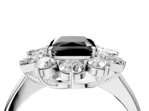 White gold Fancy Black Radiant Cut Diamond Cluster Ring with Round and Baguette Stones, Split Shank Band, Prong Setting_4