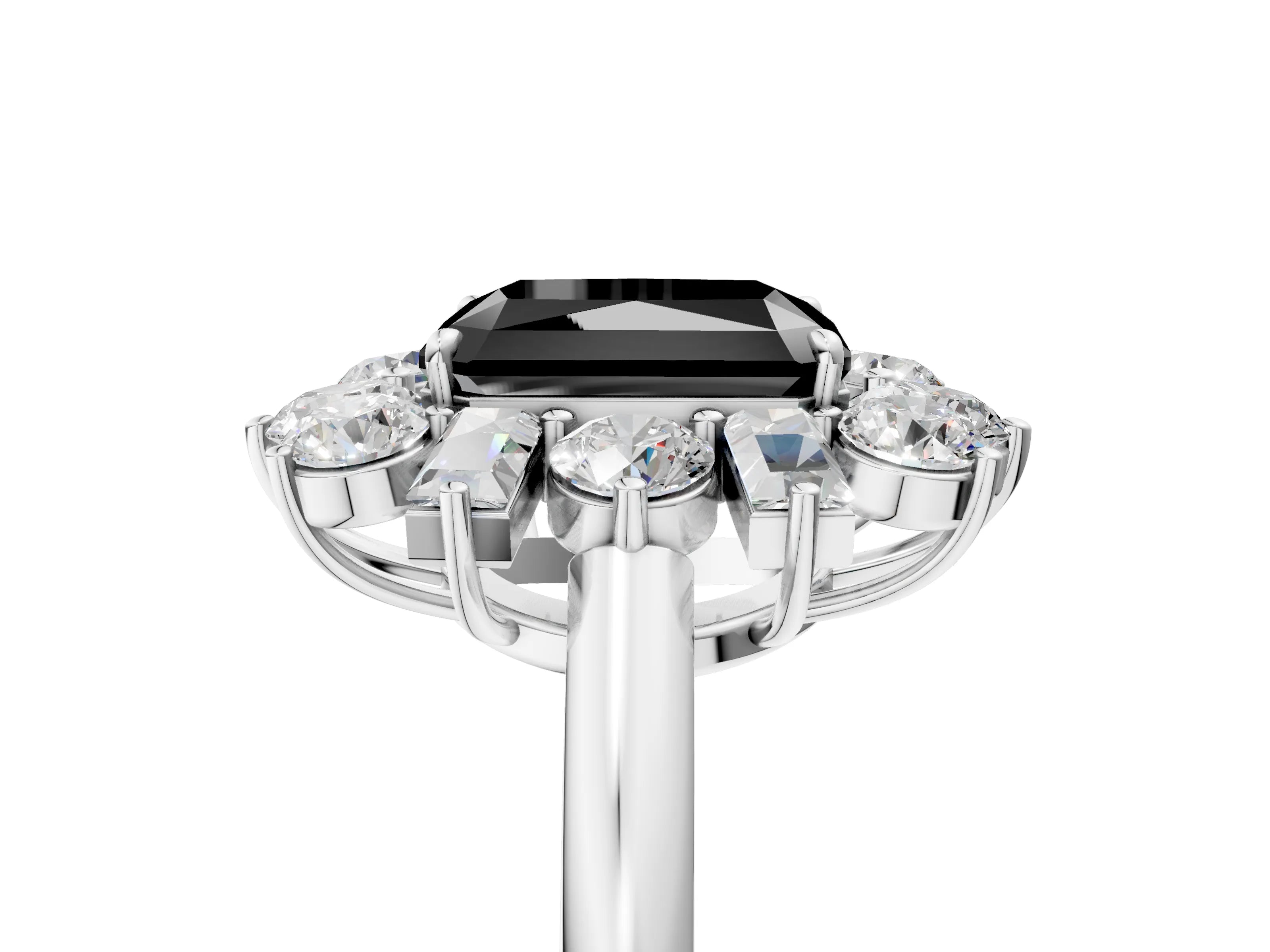 White gold Fancy Black Radiant Cut Diamond Cluster Ring with Round and Baguette Stones, Split Shank Band, Prong Setting_5