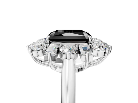 White gold Fancy Black Radiant Cut Diamond Cluster Ring with Round and Baguette Stones, Split Shank Band, Prong Setting_5