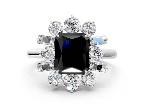 White gold Fancy Black Radiant Cut Diamond Cluster Ring with Round and Baguette Stones, Split Shank Band, Prong Setting