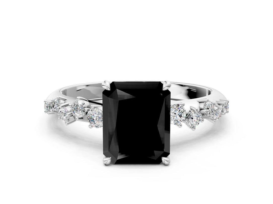 White gold Fancy Black Radiant Cut Diamond Cluster Side Stone Solitaire Ring with Prong Setting_48