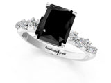 White gold Fancy Black Radiant Cut Diamond Cluster Side Stone Solitaire Ring with Prong Setting_49