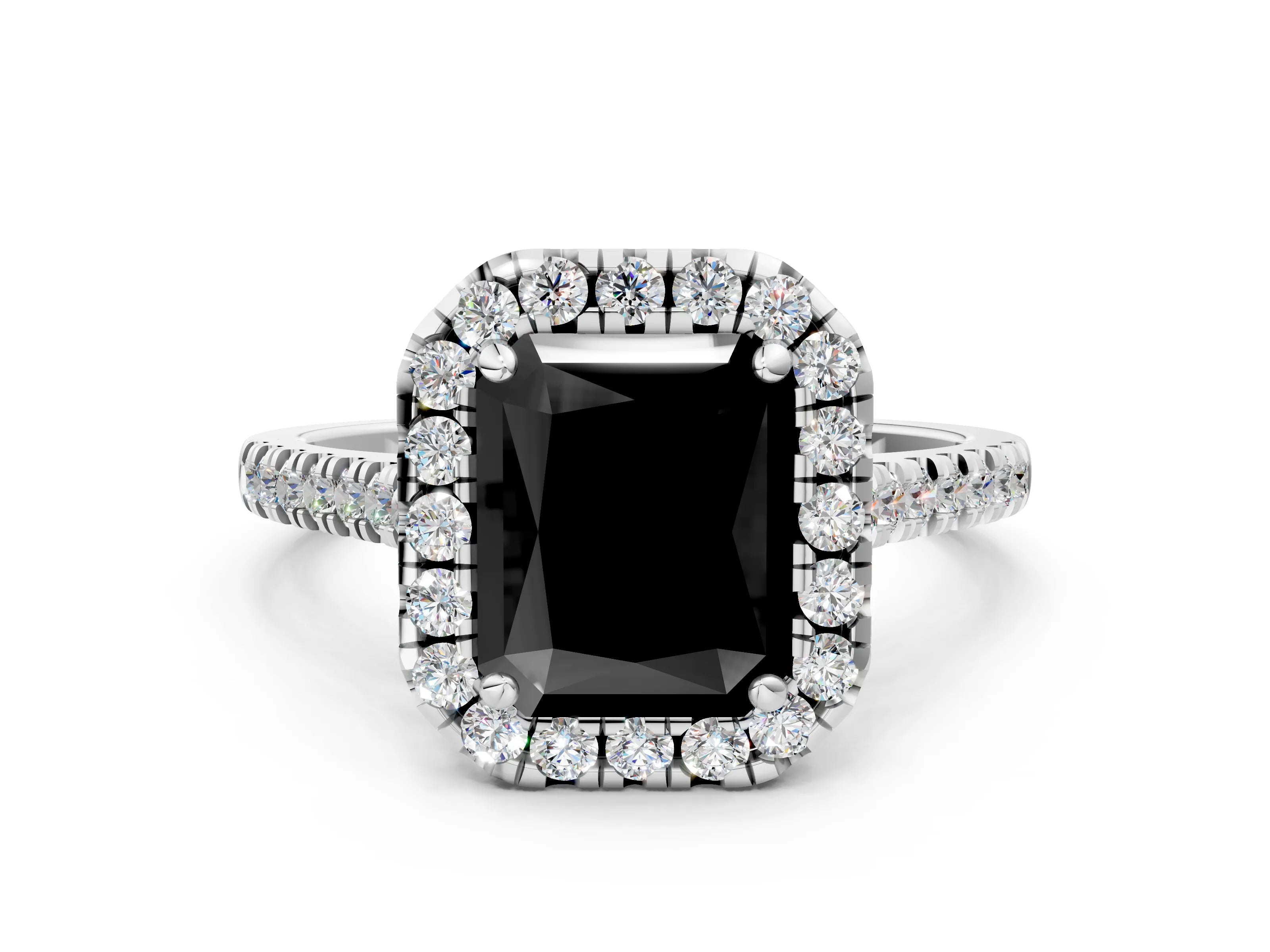 White gold Fancy Black Radiant Cut Diamond Cushion Halo Ring with Pavé Band