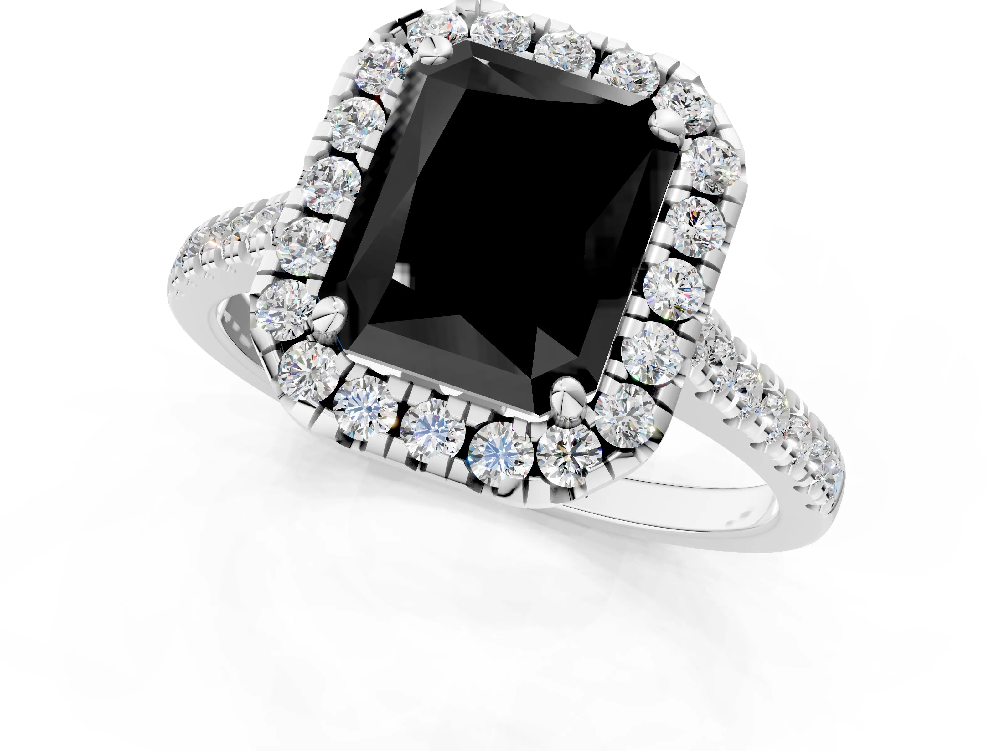 White gold Fancy Black Radiant Cut Diamond Cushion Halo Ring with Pavé Band_13