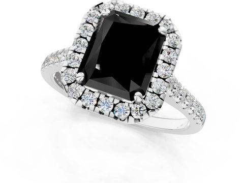 White gold Fancy Black Radiant Cut Diamond Cushion Halo Ring with Pavé Band_13