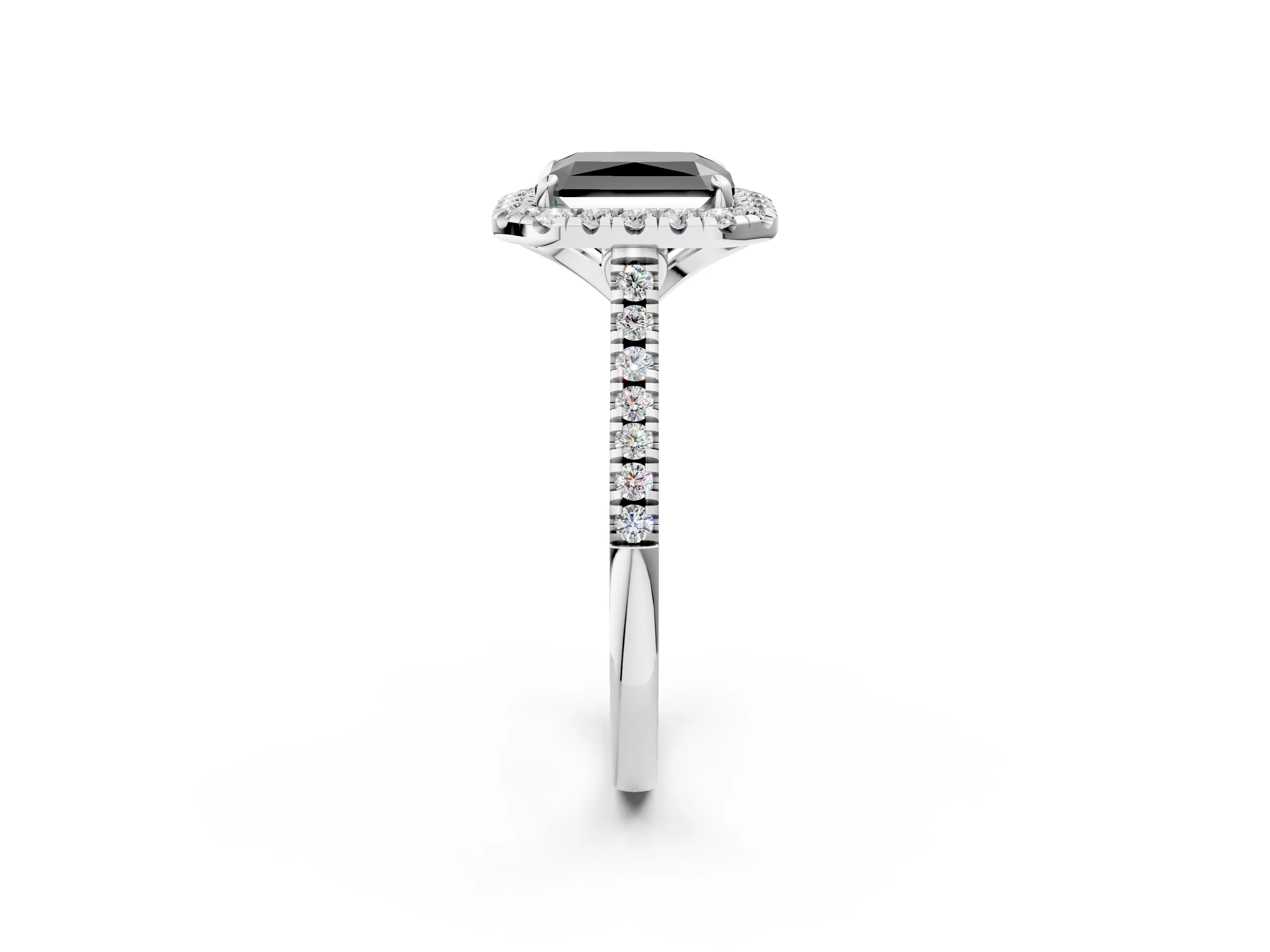 White gold Fancy Black Radiant Cut Diamond Cushion Halo Ring with Pavé Band_14