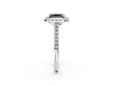 White gold Fancy Black Radiant Cut Diamond Cushion Halo Ring with Pavé Band_14