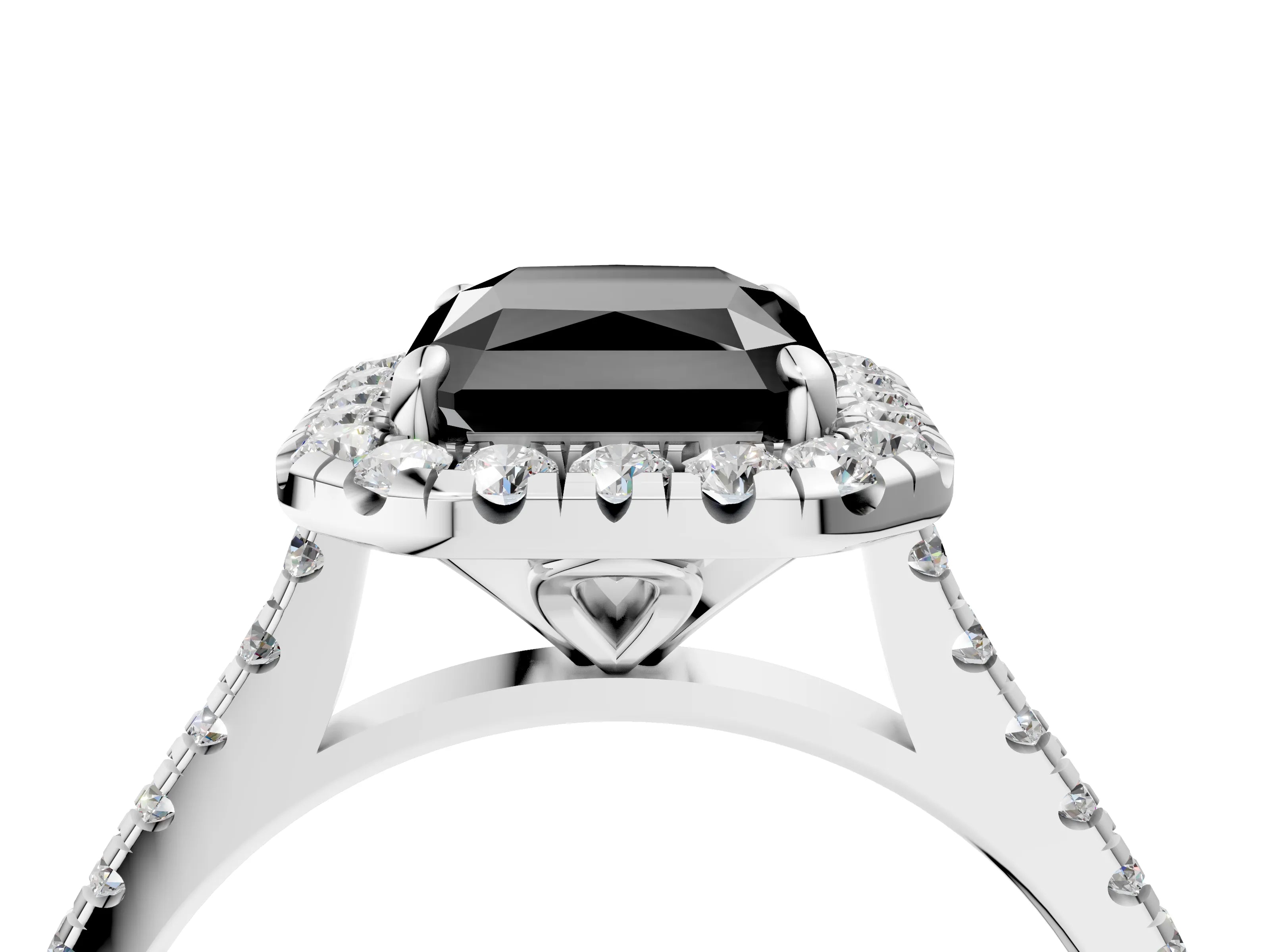White gold Fancy Black Radiant Cut Diamond Cushion Halo Ring with Pavé Band_16